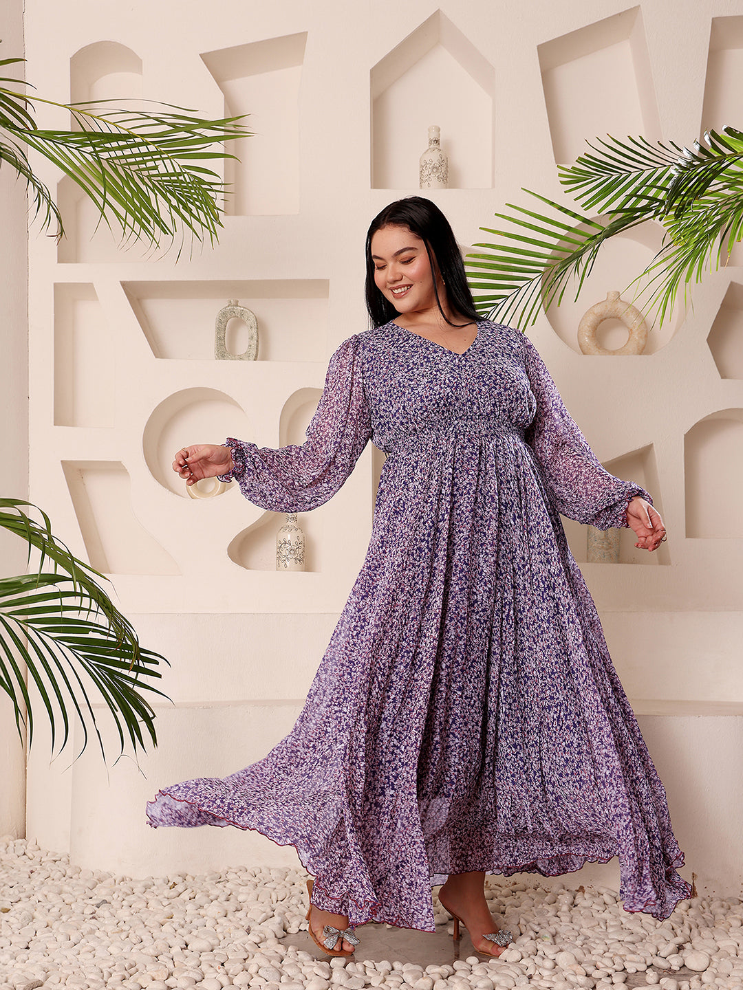 Body Bliss Multicolored-Base-Purple V-Neck Bishop Sleeve Floral Gathered Chiffon Maxi Dress