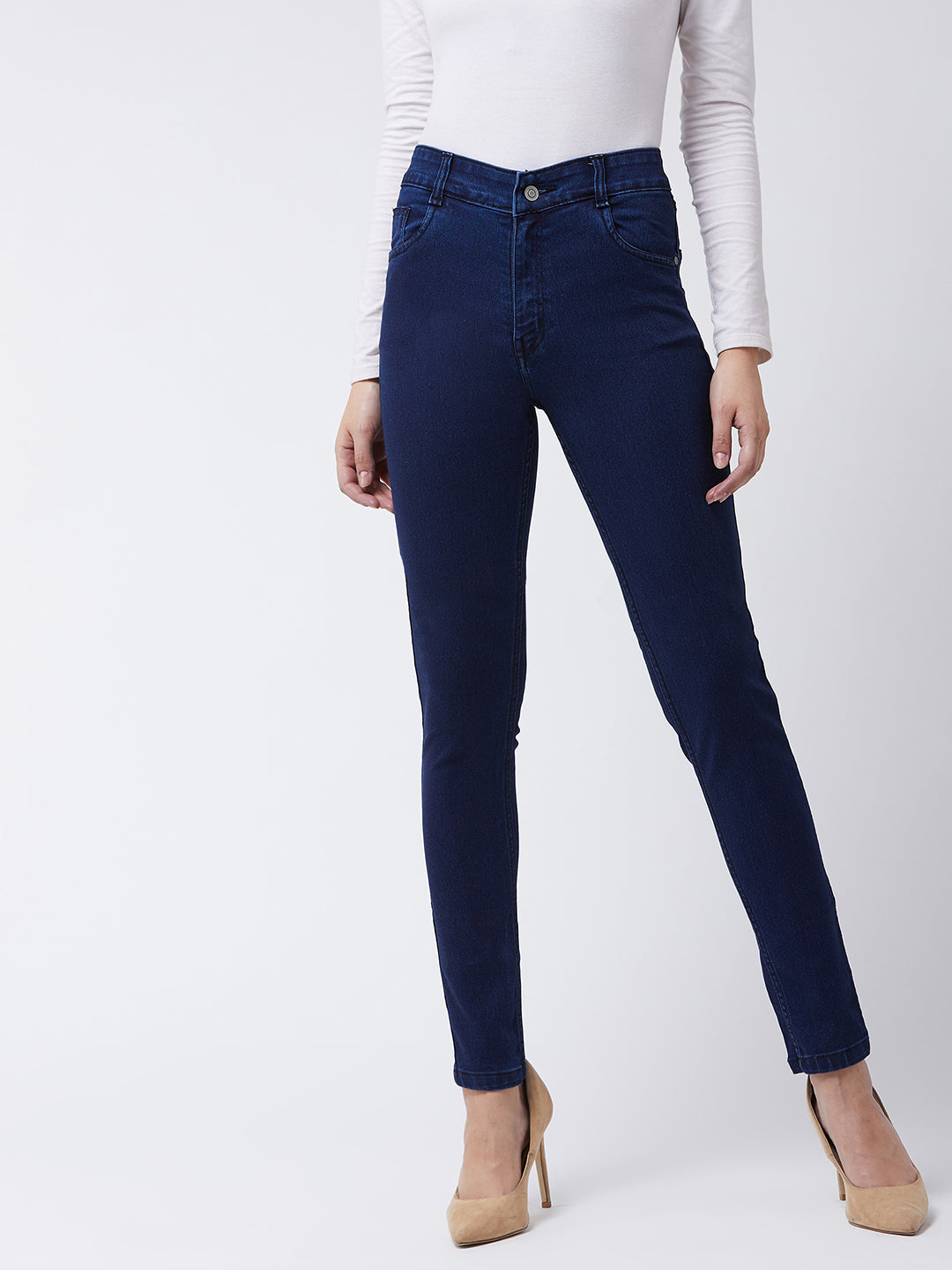 24/7 Comfort Women's Navy Blue Printed Fabric Detailing Skinny Fit Mid Rise Denim Stretchable Jeans