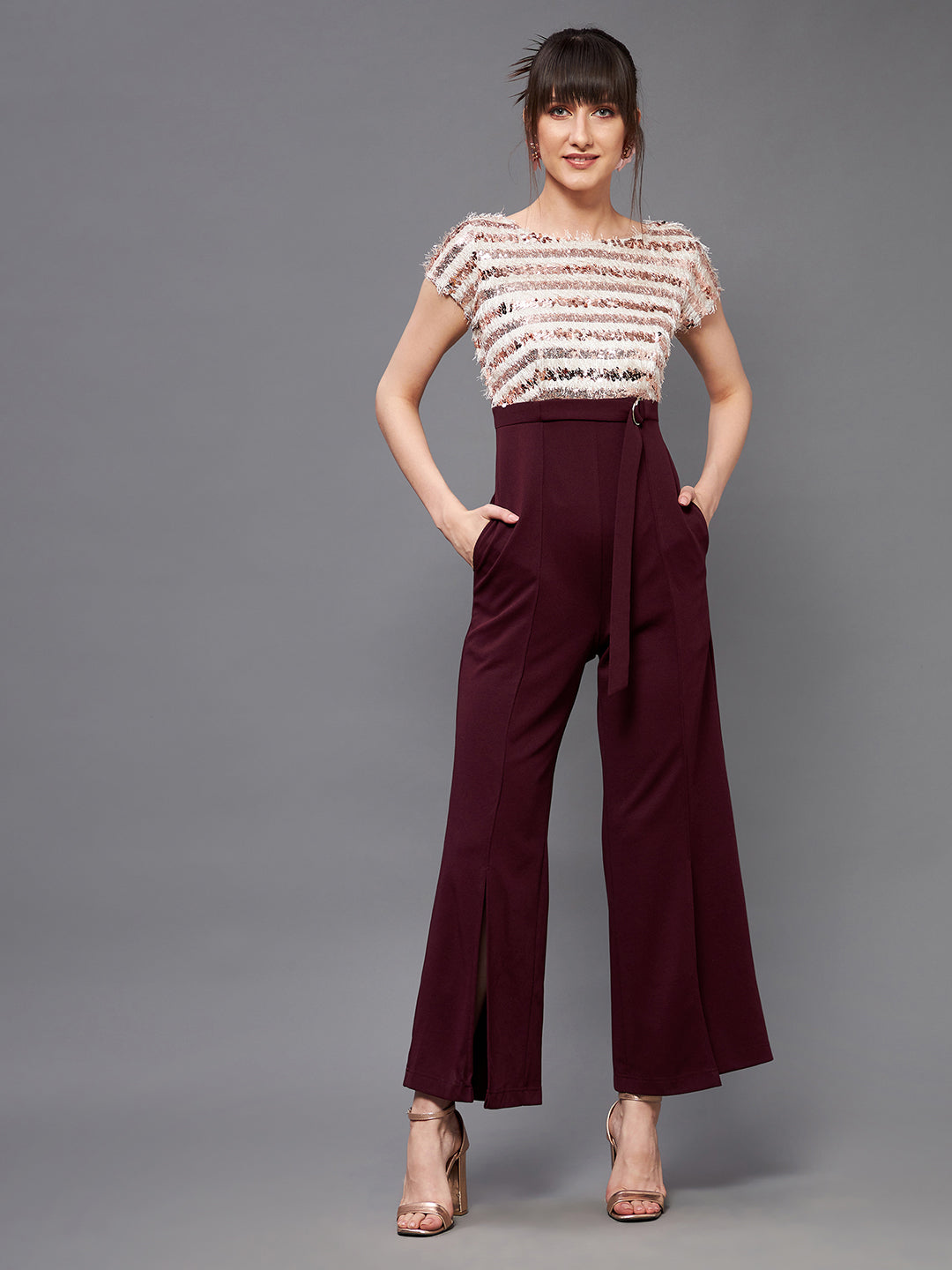 Crease Ease Cocktail Women's Wine & Beige Round Neck Short Sleeve Sequins Slit Jumpsuit