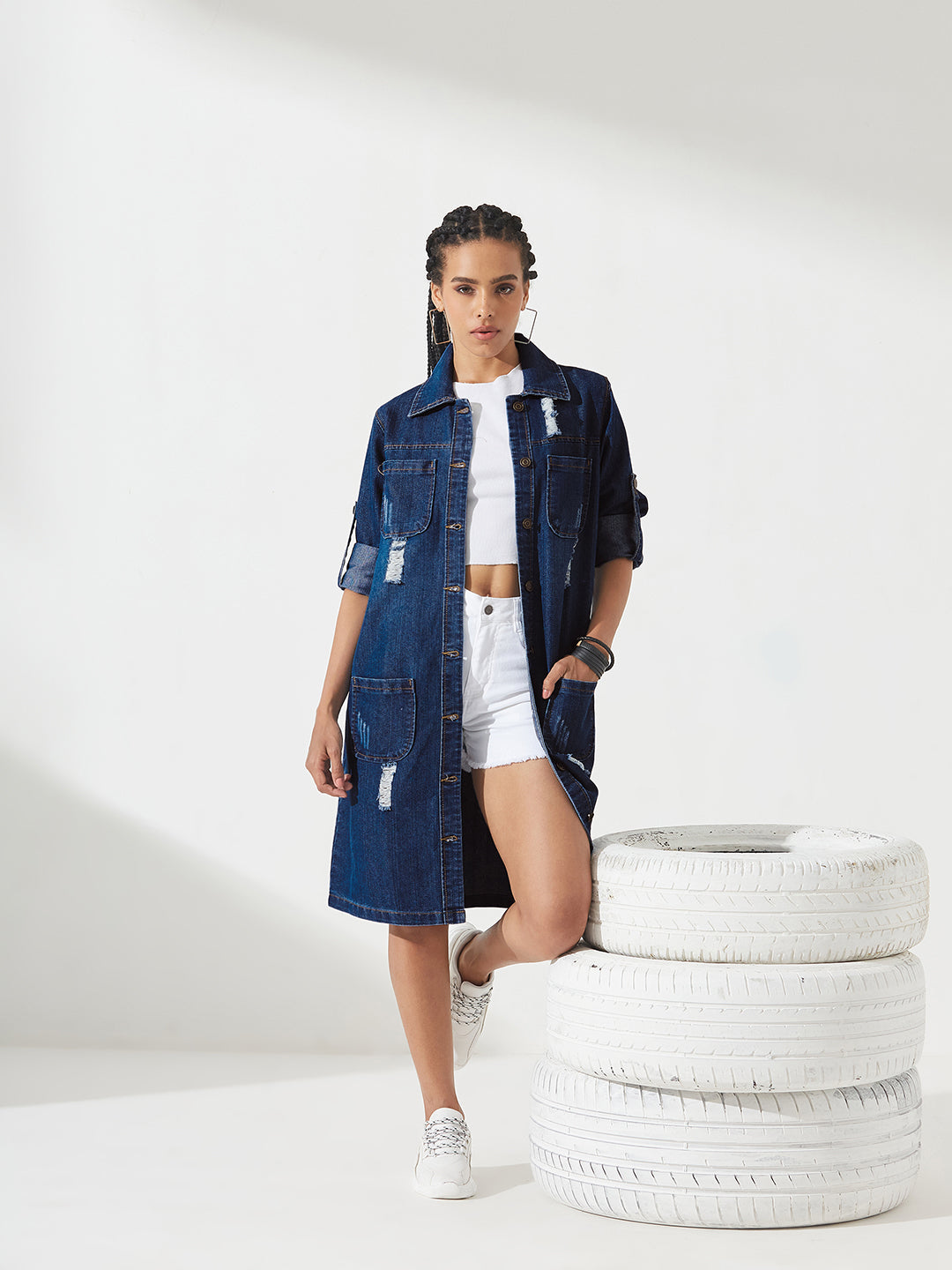 Navy-Blue Solid Polo Neck Full Sleeves Patch Pocket Denim Overcoat Knee-Length Jacket for Women