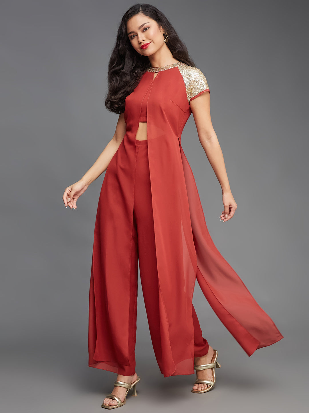 Women's Brick Red Solid Regular-Length Round-Neck Raglan-Short Sleeves Sequin Panel Layered Embellished Polyester Jumpsuit