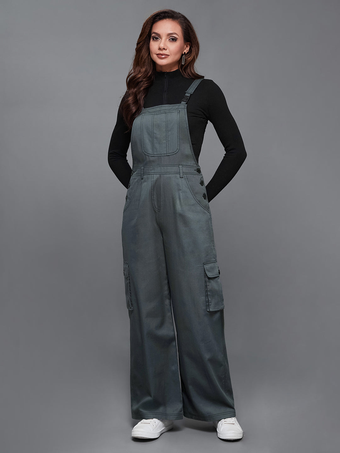 Women's Grey Square Neck Sleeveless Solid Wide-Leg Regular-Length Polyester Dungaree