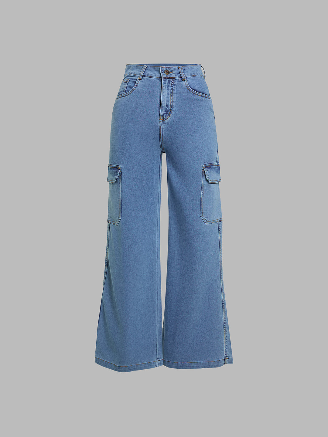 Women's Blue Wide-Leg High-Rise Heavy Wash Regular-Length Stretchable Cargo Denim Jeans