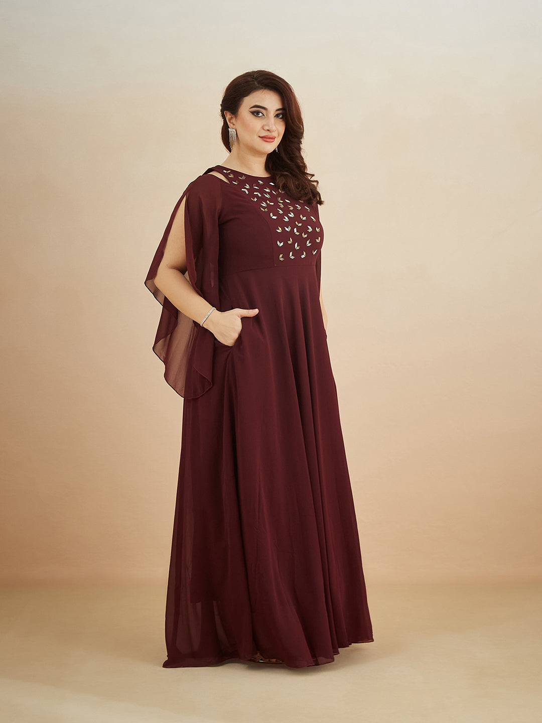 Wine Solid Relaxed Fit Round Neck Flared Sleeve Maxi Dress  for Women