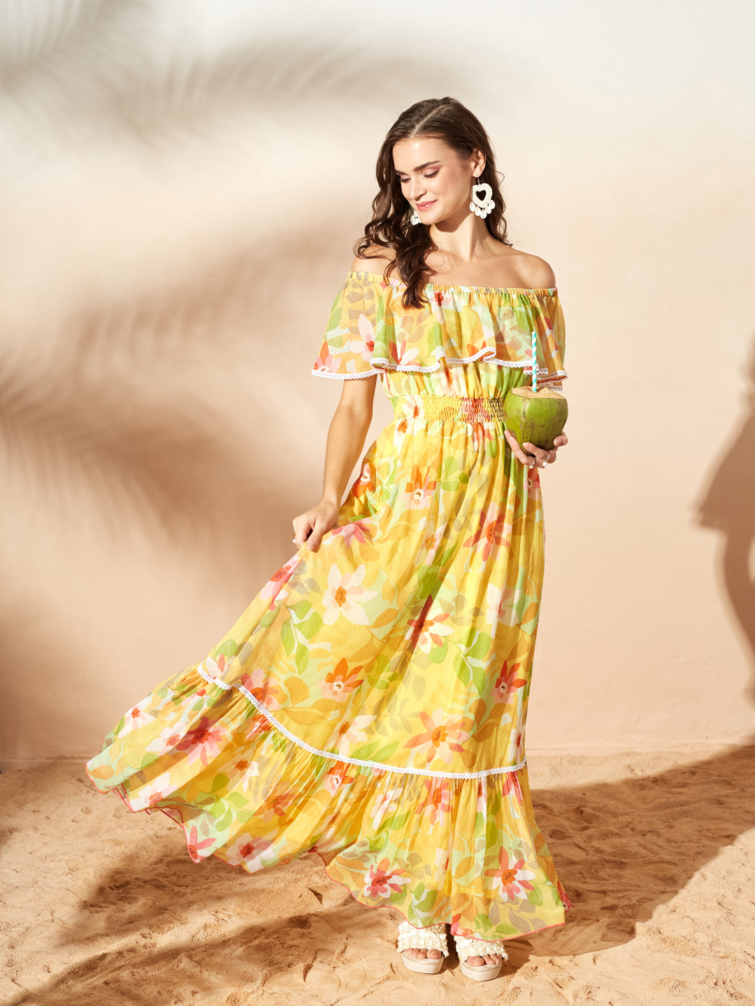 Butter Yellow Square Neck Cape Floral Tiered Maxi Chiffon Dress for Women — Miss Chase