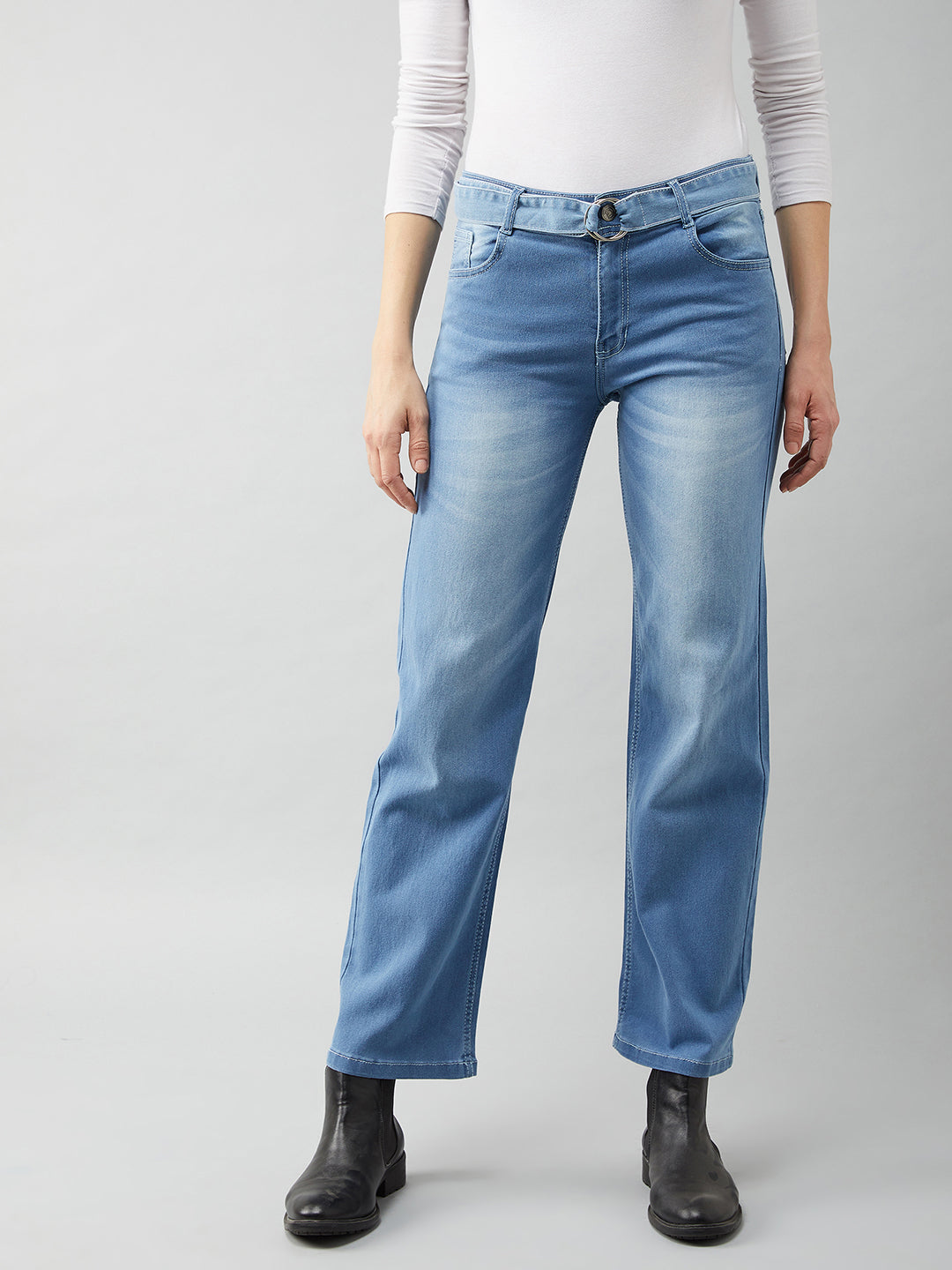 24/7 Comfort Women's Blue Cotton Wide-Leg Relaxed Mid Rise Regular Length Stretchable Denim Jeans