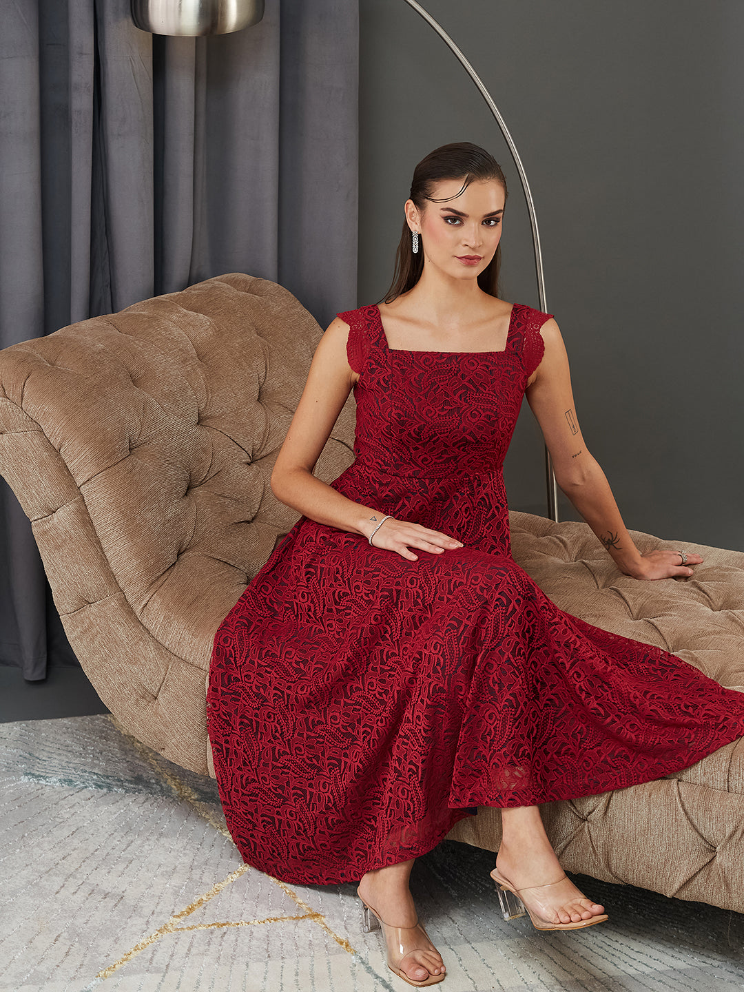 Maroon Square Neck Sleeveless Self-Designed Ruffled Midi Lace Dress for Women