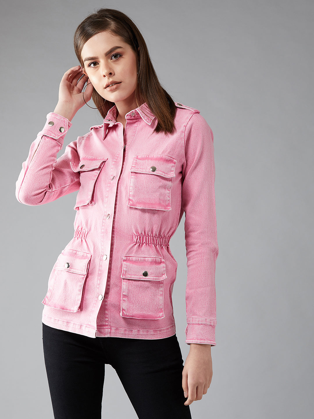 Women's Pink Polo Neck Full Sleeves Denim Solid Regular Length Jacket