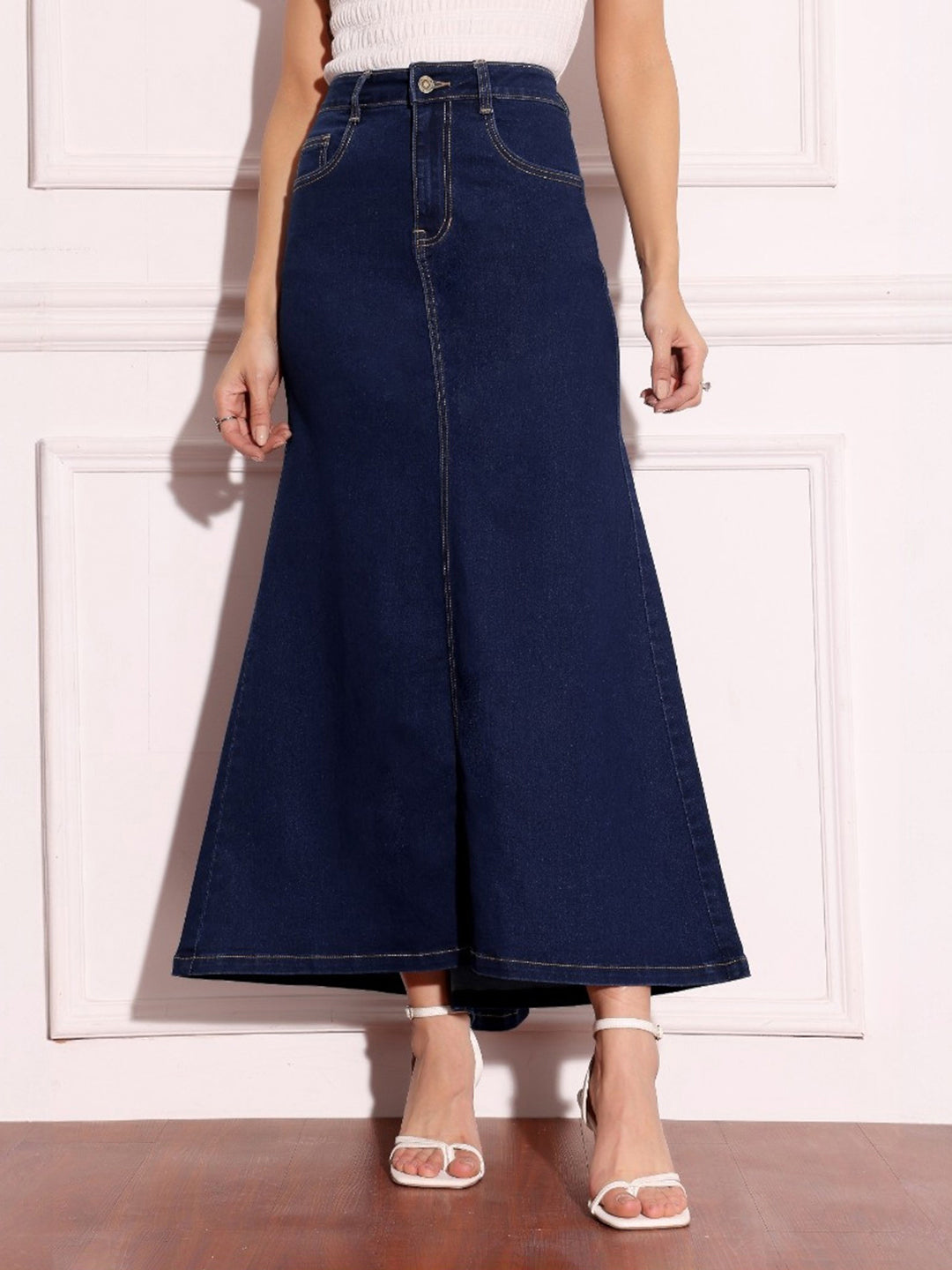 Women's Dark Blue Flared High-Rise Stretchable Denim Maxi Skirt