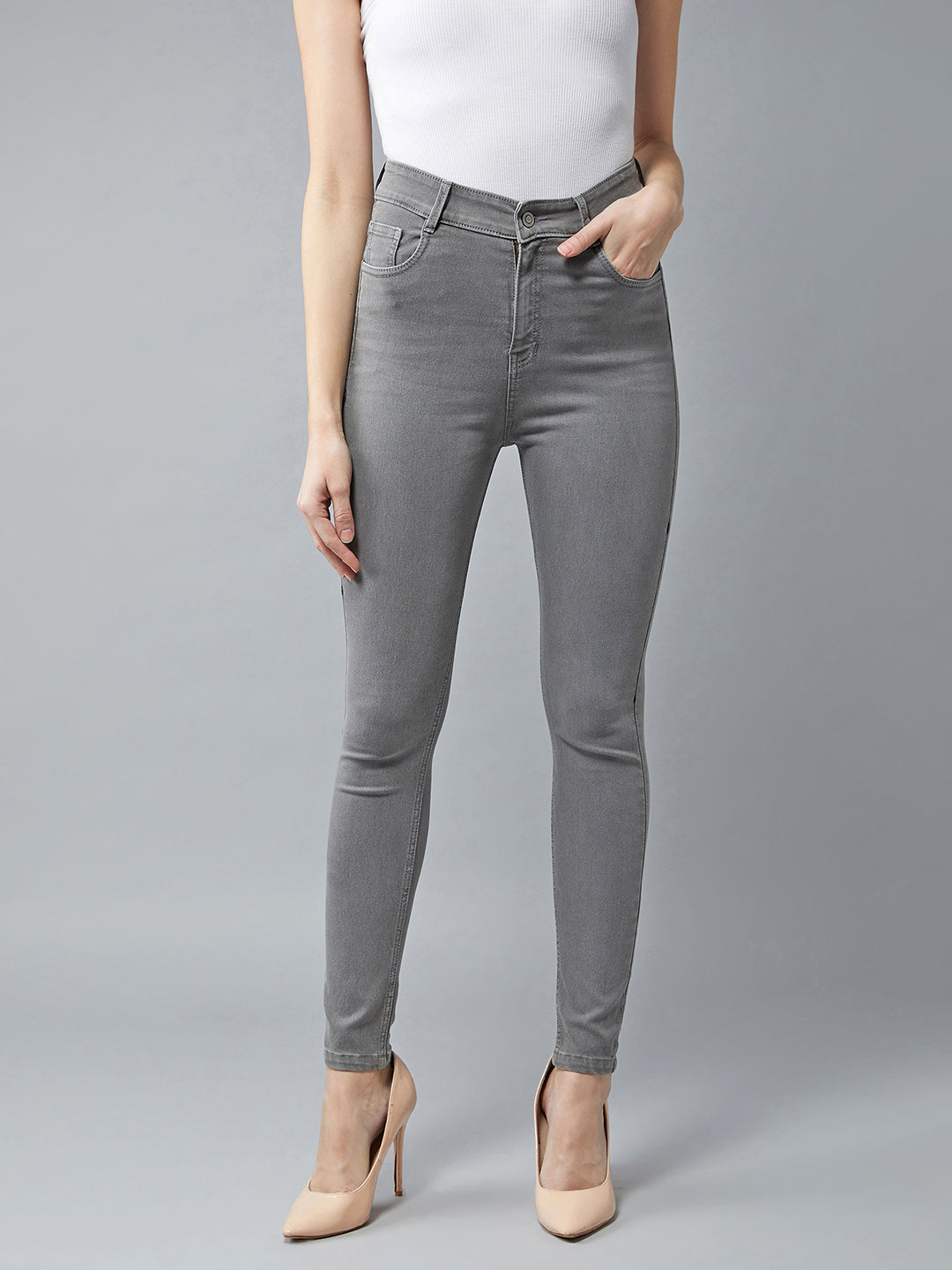 Women's Grey Skinny High Rise Clean Look Regular Stretchable Denim Jeans