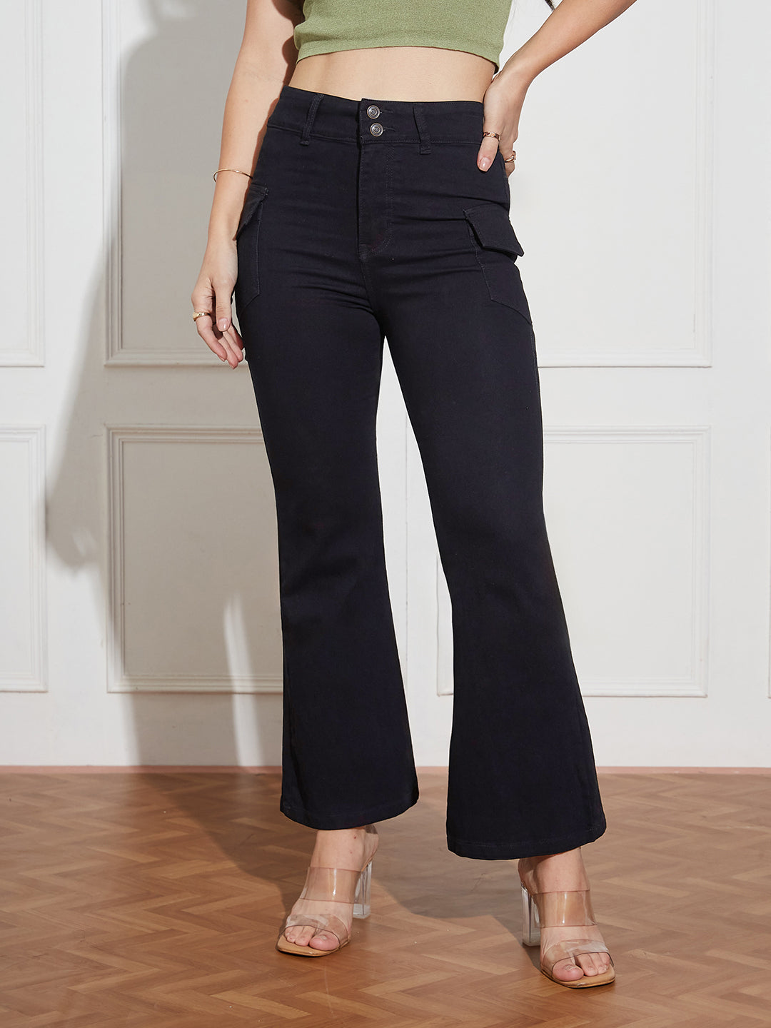 Women's Black Bootcut High Rise Clean Look Regular Length Stretchable Denim Jeans