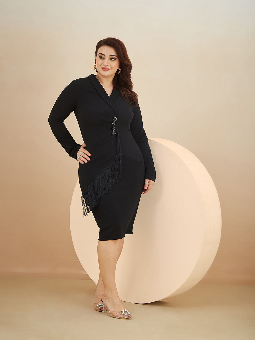 Black Solid Collared Neck Full Sleeve Polyester Bodycon Knee Length Dress for Women