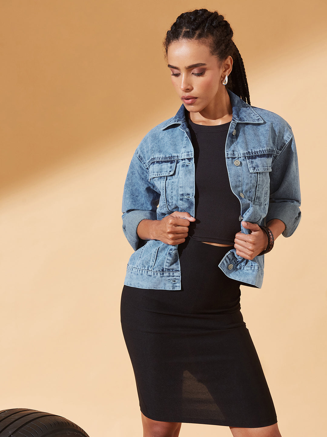 Light-Blue Collared Full Sleeve Solid Classic Denim Jacket for Women