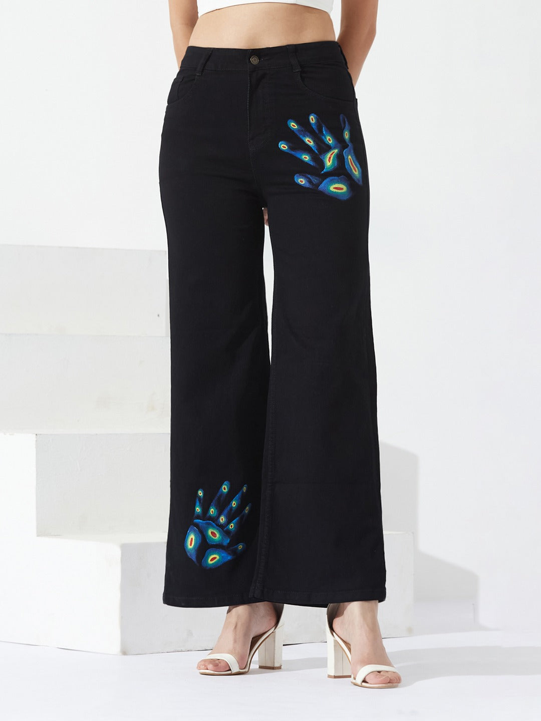 Black Wide Leg high-rise Hand Painted Skeleton Art Stretchable Denim Jeans for Women
