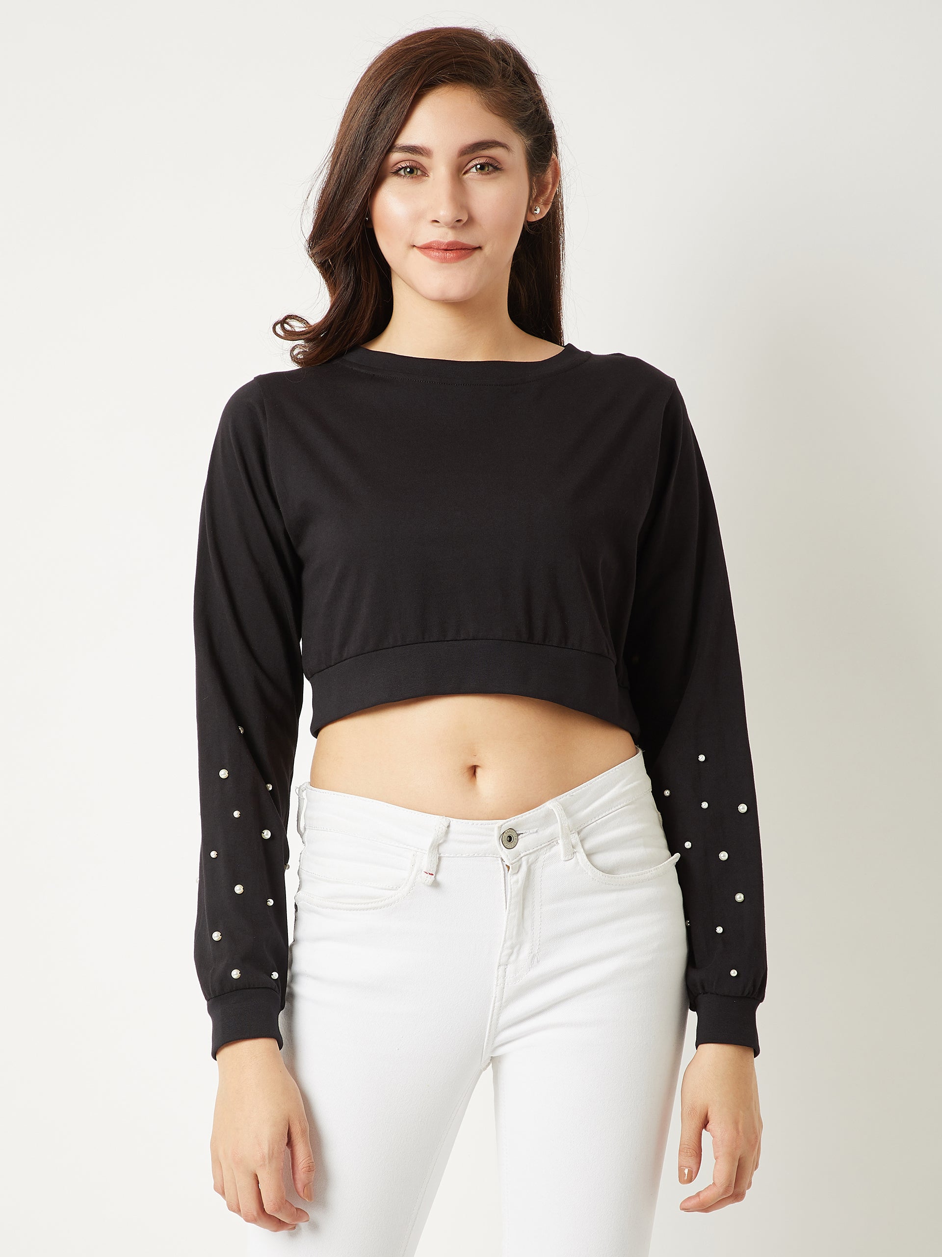 Women's Black Round Neck Full Sleeves Cotton Solid Pearl Detailing Boxy Crop Top