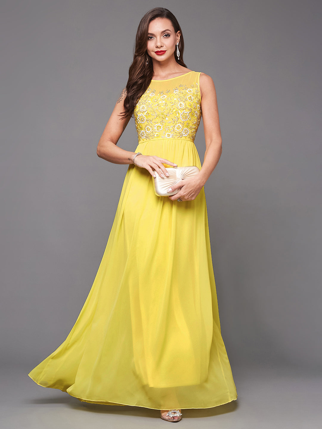 Women's Light Yellow Boat Neck Sleeveless Embroidered Georgette Gathered Maxi Dress