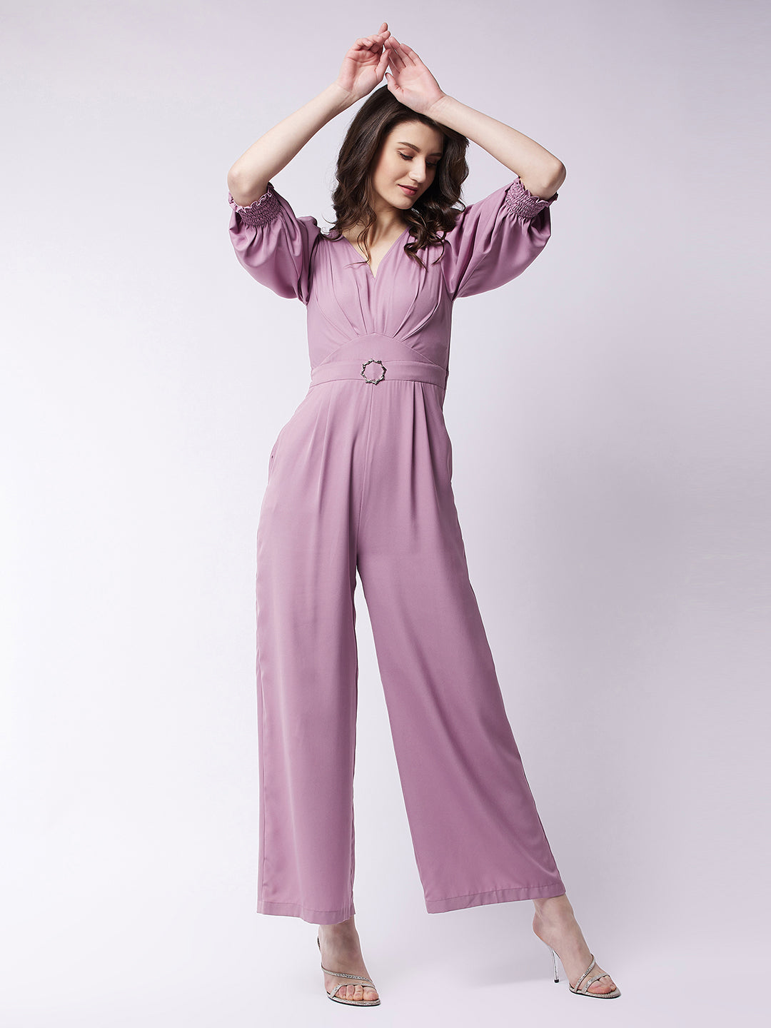 Women's Lavender V neck 3/4th Sleeve Solid Pleated Regular Jumpsuit