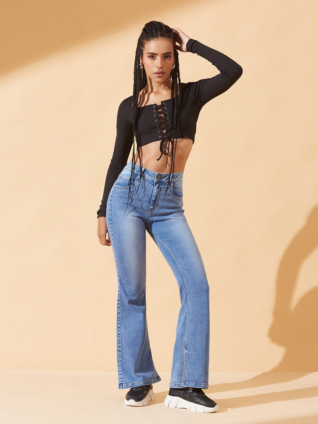 Blue Bootcut Mid-Rise Inseam Slit Heavy Wash Stretchable Denim Jeans For Women