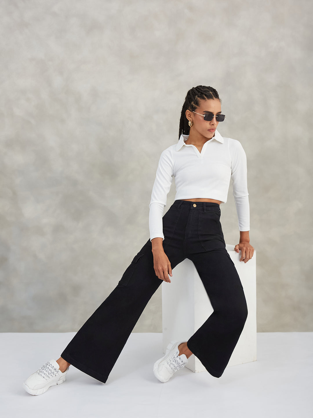 Women's Black Wide-Leg High-Rise Stretchable Denim Jeans