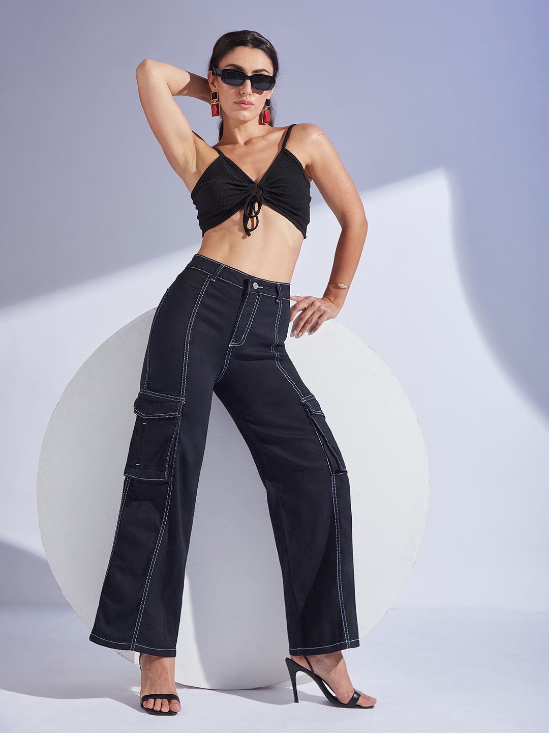 Women's Black Wide-Leg High-Rise Clean-Look Regular-Length Stretchable Patch-Pocketed Denim Jeans