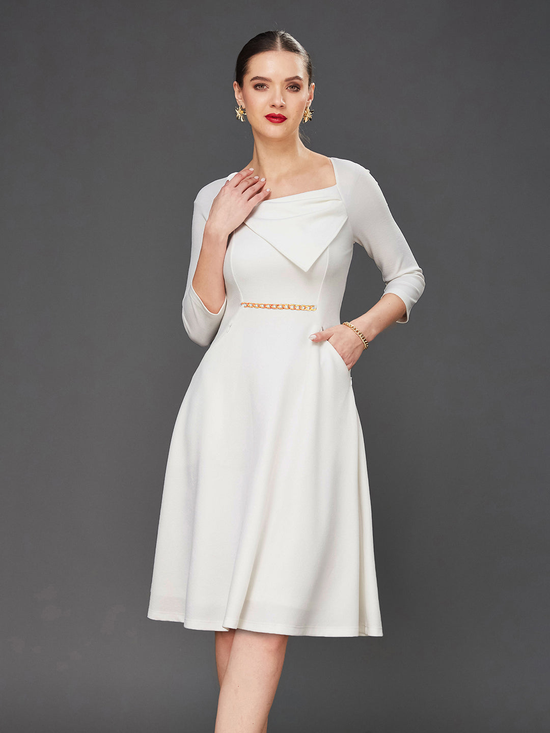 Women's Off White Solid Square Neck Raglan Sleeves Side Pocketed Polyester Fit and Flare Knee-Length Dress