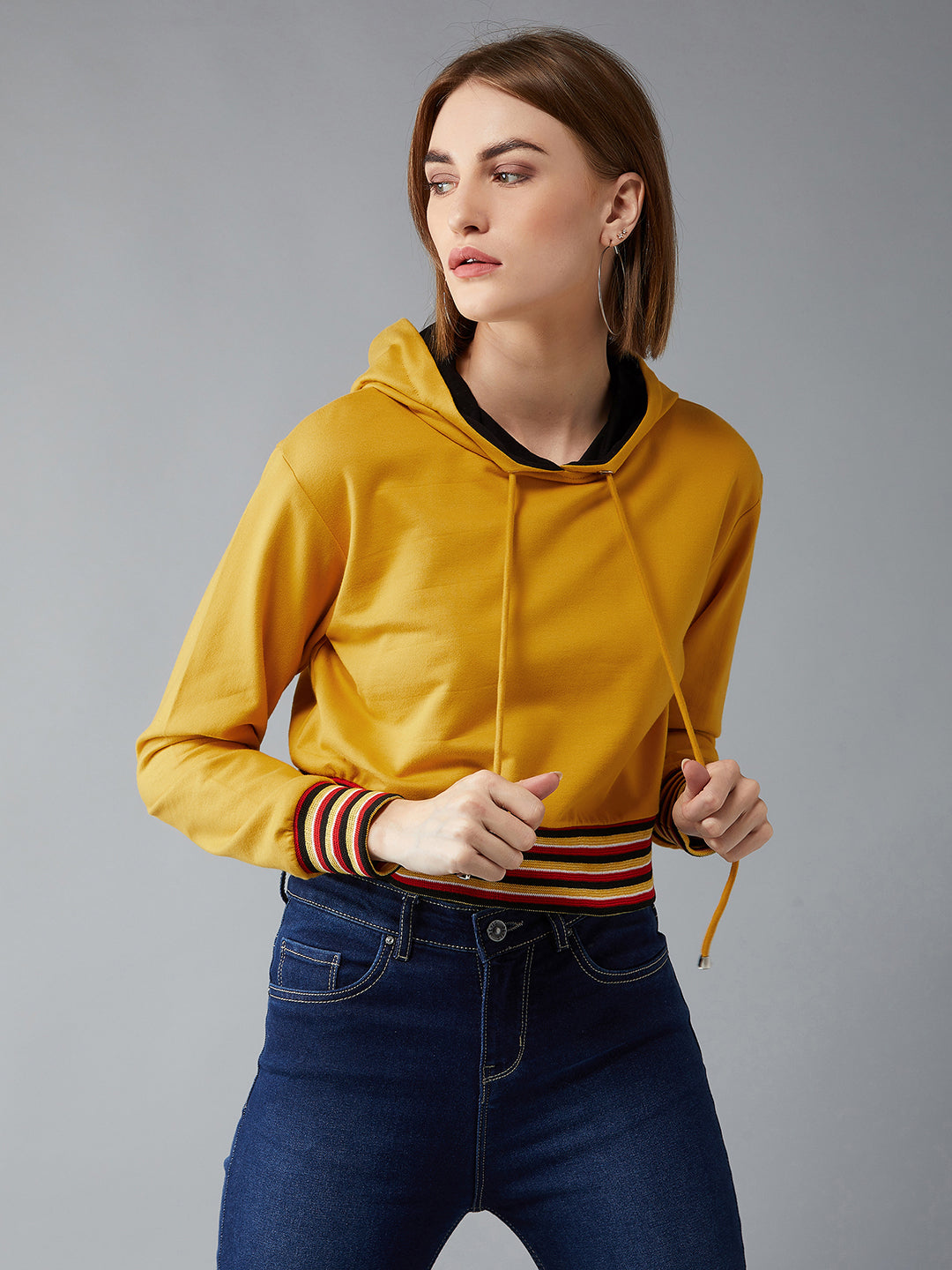 Women's Mustard Yellow Hooded Full Sleeves Loopknit, Rib Solid Boxy Cropped Eyelet Detailing Sweatshirt