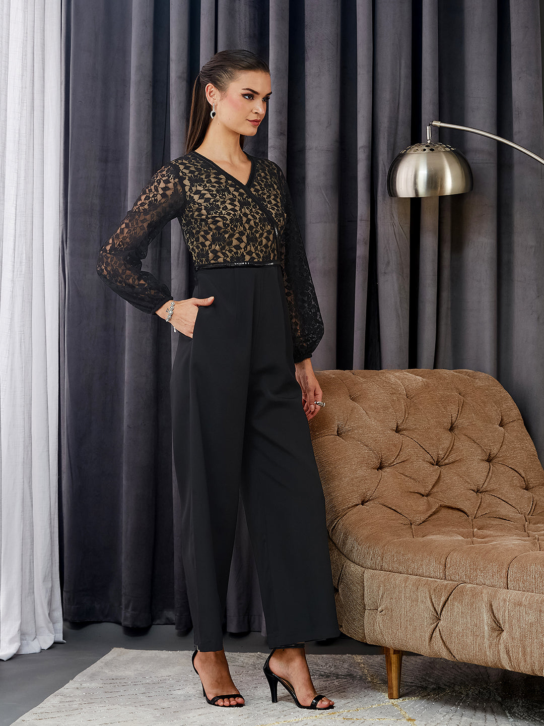 Black Self-Design Crepe V-Neck Jumpsuit with Balloon Sleeves and Lace Detailing for Women