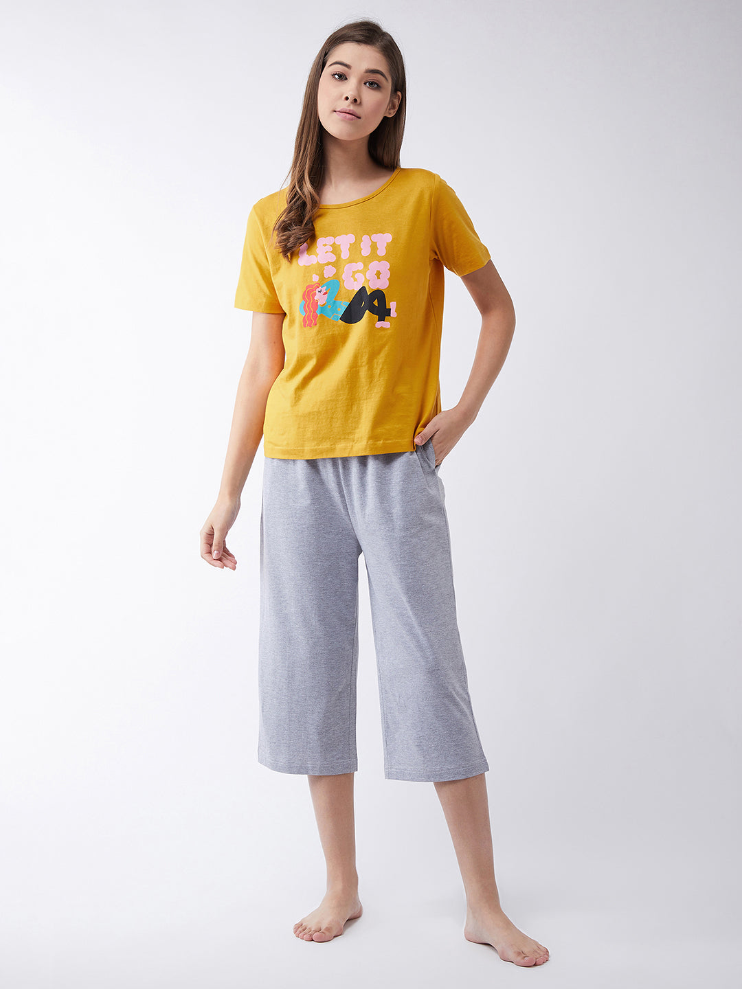 Women's Mustard Yellow and Charcoal Gray Round Neck Short Sleeves Regular length Top & Capri Set