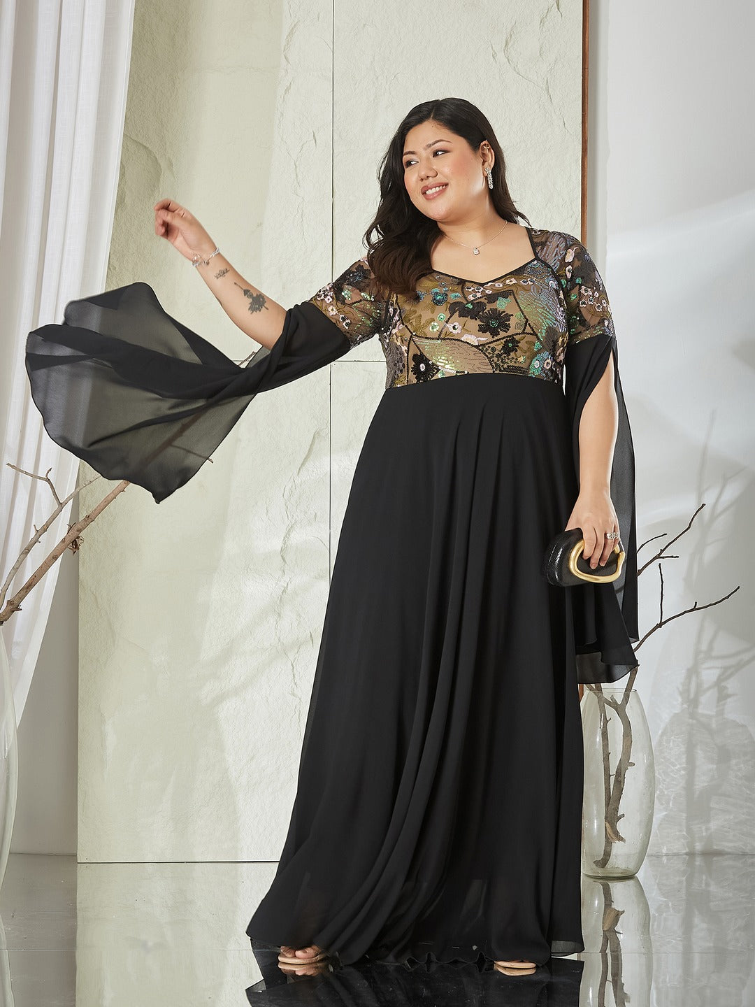 Black Sweet-Heart Full Sleeve Embellished Slit Sleeve Maxi Georgette Dress for Women