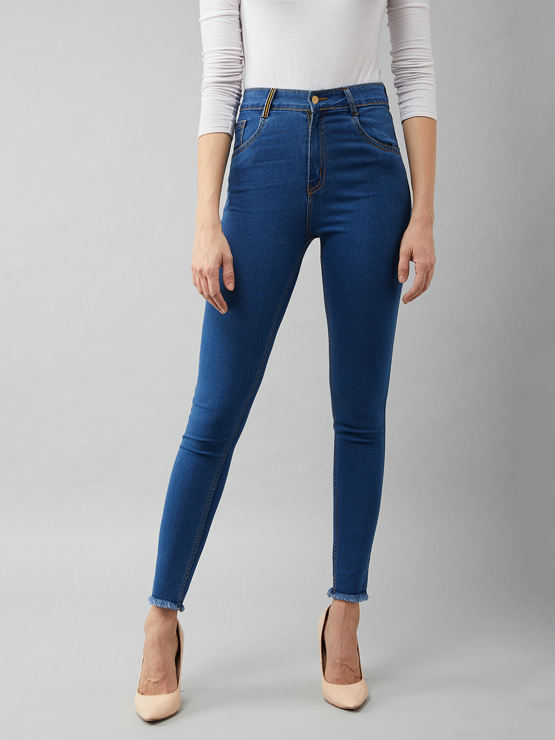 Women's Blue Skinny Fit High Rise Cropped Denim Stretchable Jeans