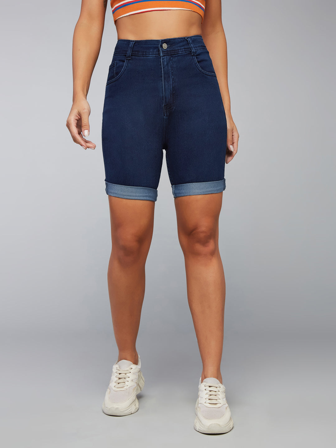 Women's Navy Blue Skinny High Rise Clean Look Regular Length Stretchable Denim Shorts