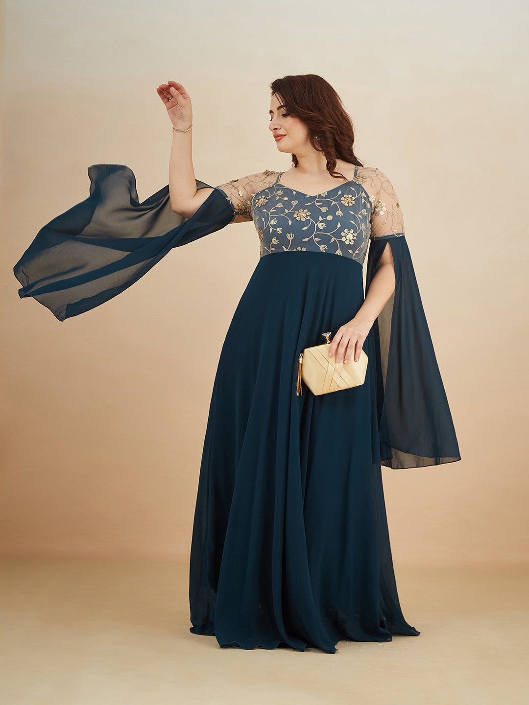 Teal V-Neck Full Sleeve Embroidered Fit & Flare Georgette Maxi Dress for Women