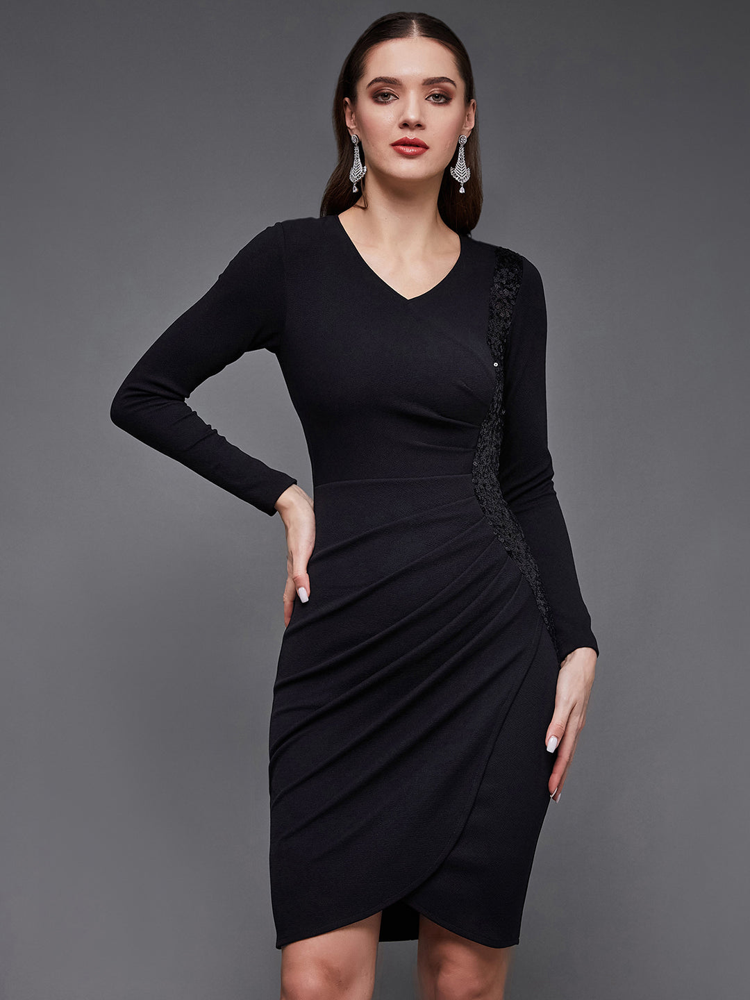 Women's Black V-Neck Full Sleeve Embellished Wrap-Styled Party Knee-Long Dress