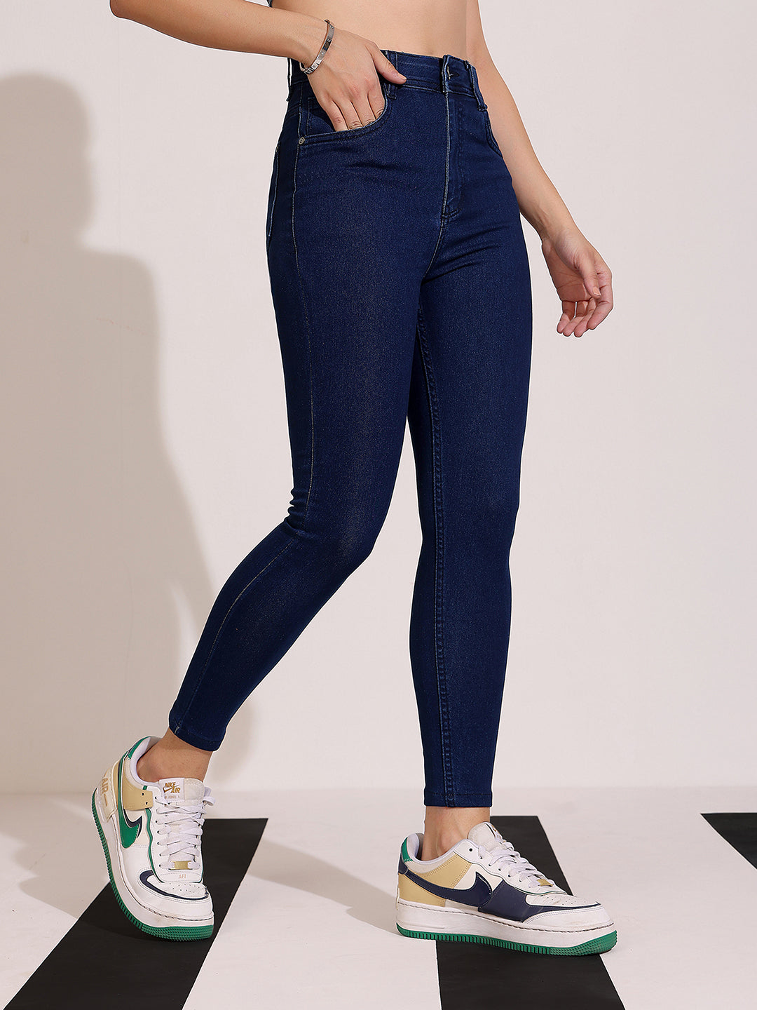 Women's Navy Blue Skinny Fit High Rise Clean Look Cropped Length Stretchable Denim Jeans