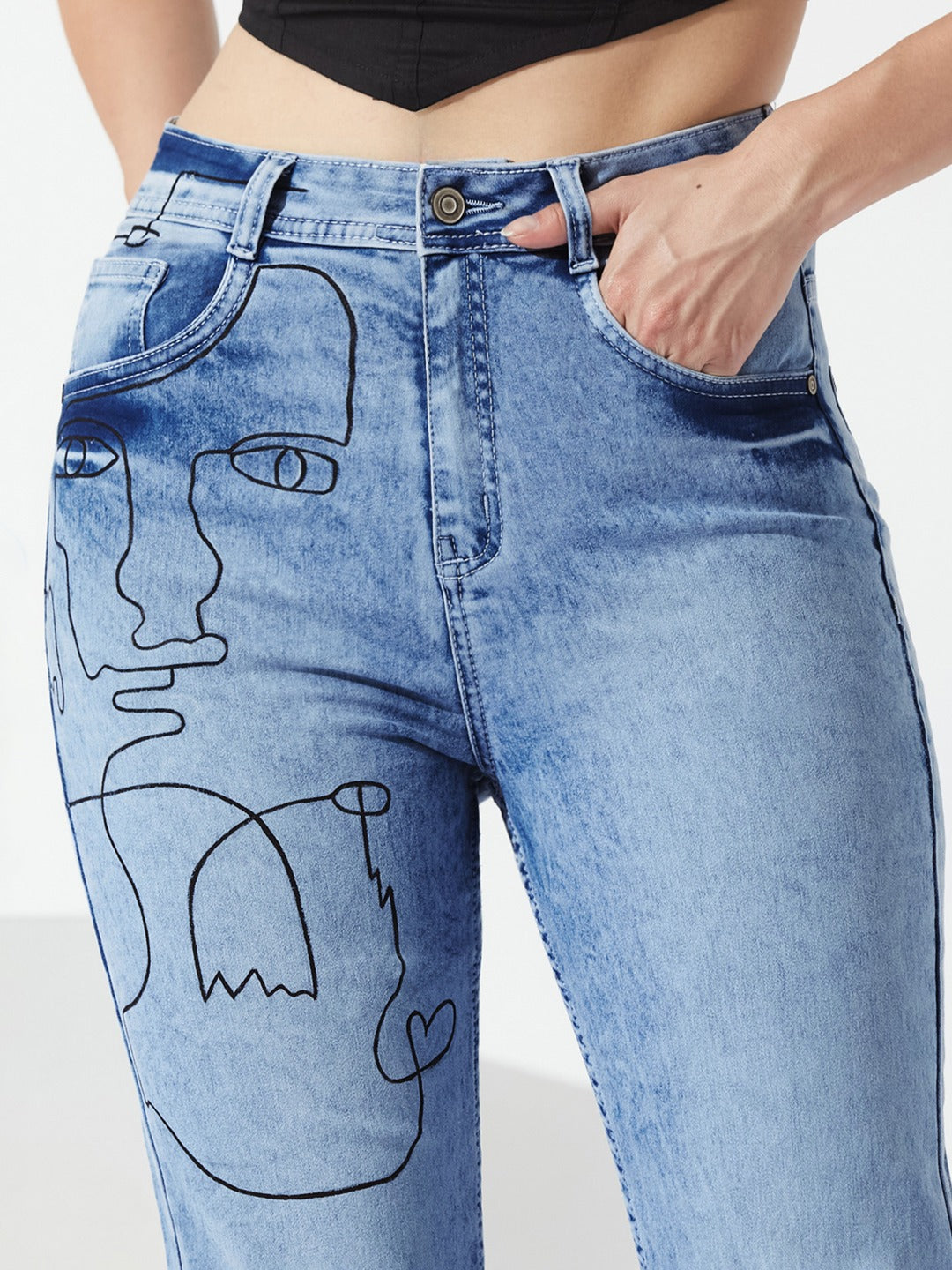 Light Blue Mom Fit high-rise Hand Painted Heavy Wash Stretchable Denim Jeans for Women