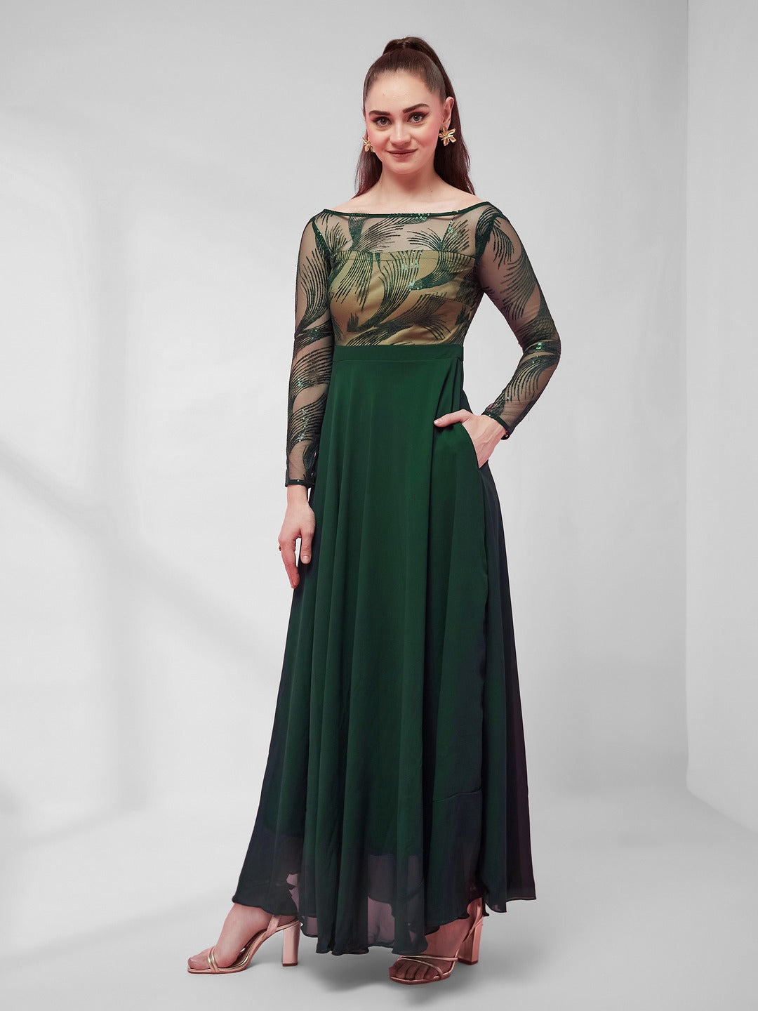 Green & Beige Solid Embellished Maxi Dress for Women