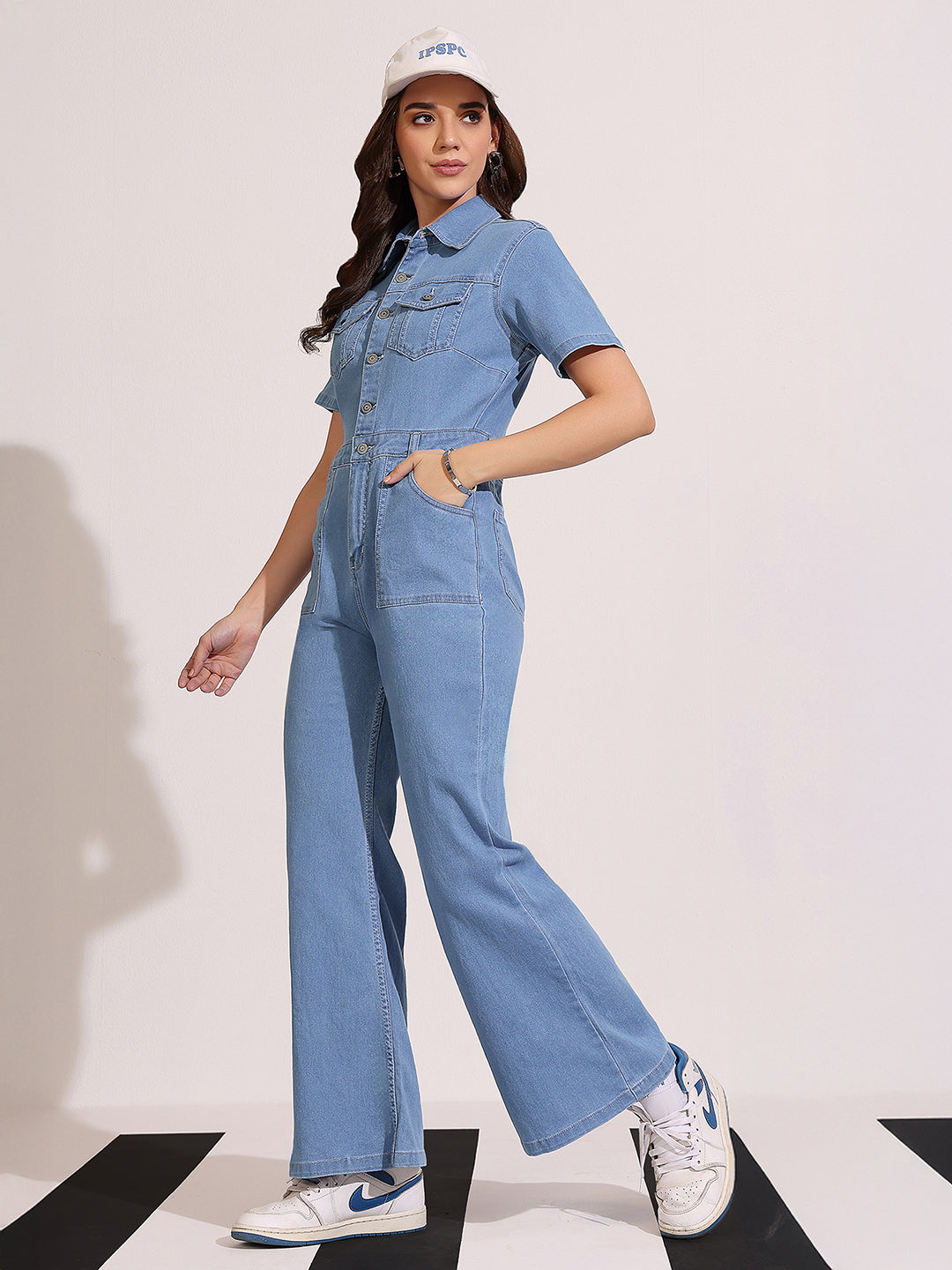 Women's Light Blue Flared High Rise Regular Length Stretchable Denim Jumpsuit