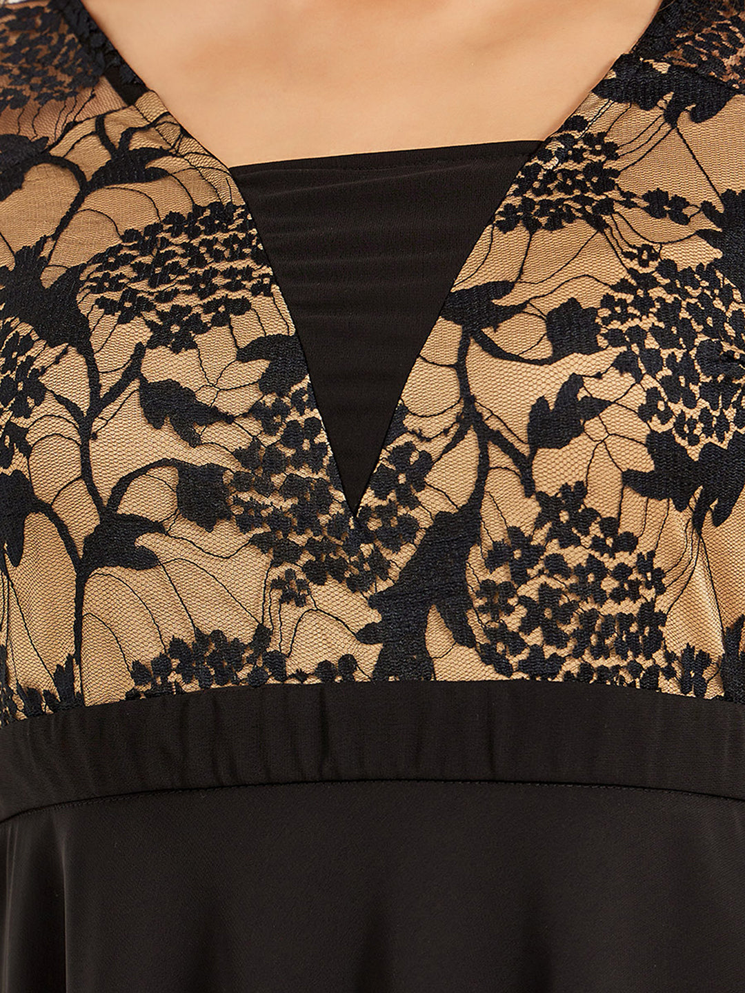Women's Black Square Neck Raglan Short Sleeve Self Design Lace Overlaid Georgette Maxi Dress