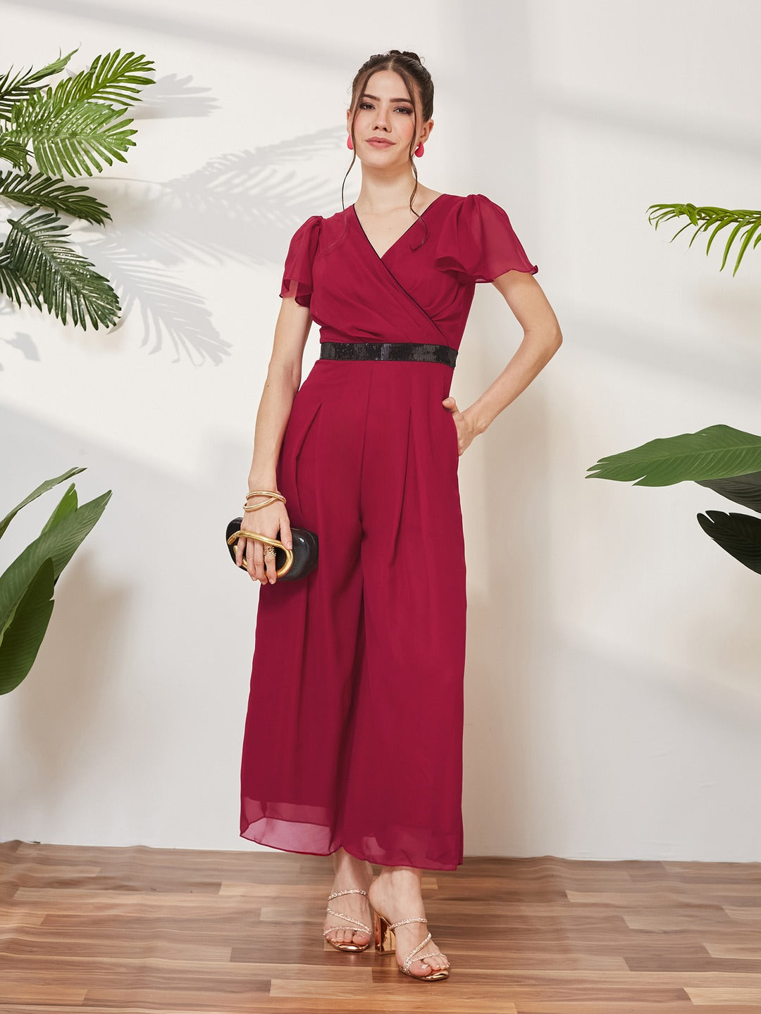 Pink Solid Relaxed Fit Short Sleeve V-Neck Ankle-Length Straight Jumpsuit  for Women