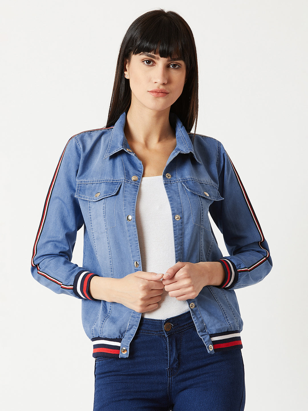 Women's Light Blue Polo Neck Full Sleeve Solid Buttoned Rib And Twill Tape Detailing Bomber Denim Jacket