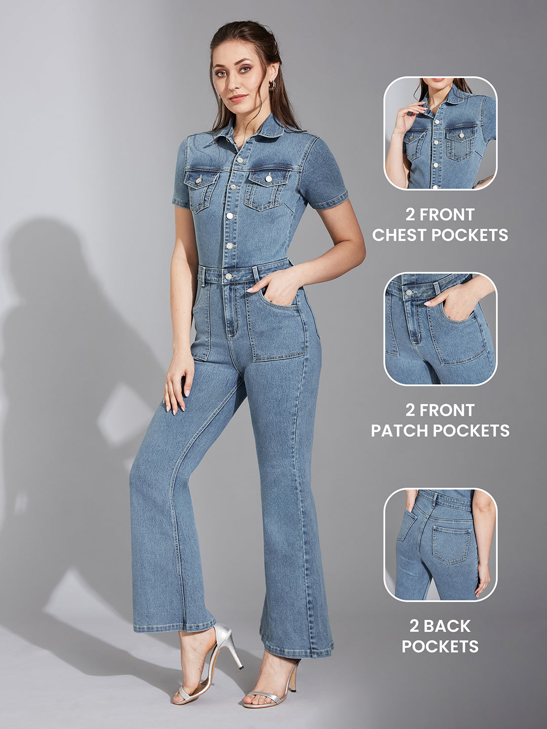 Women's Blue Flared High-Rise Regular Stretchable Denim Jumpsuit