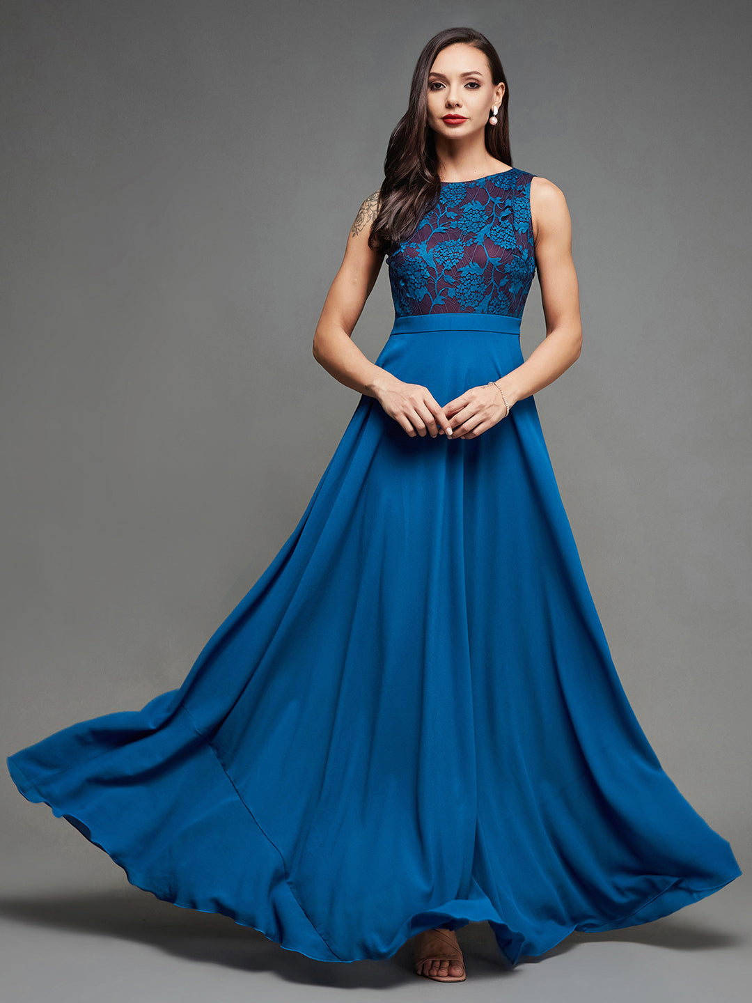 Women's Royal Blue Round Neck Sleeveless Georgette Floral Lace Fit & Flare Maxi Dress