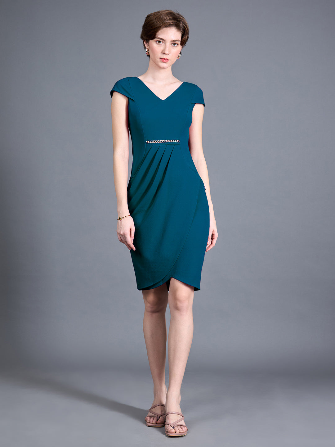 Women's Teal V-Neck Cap Sleeve Solid Wrapped Polyester Knee-Long Dress