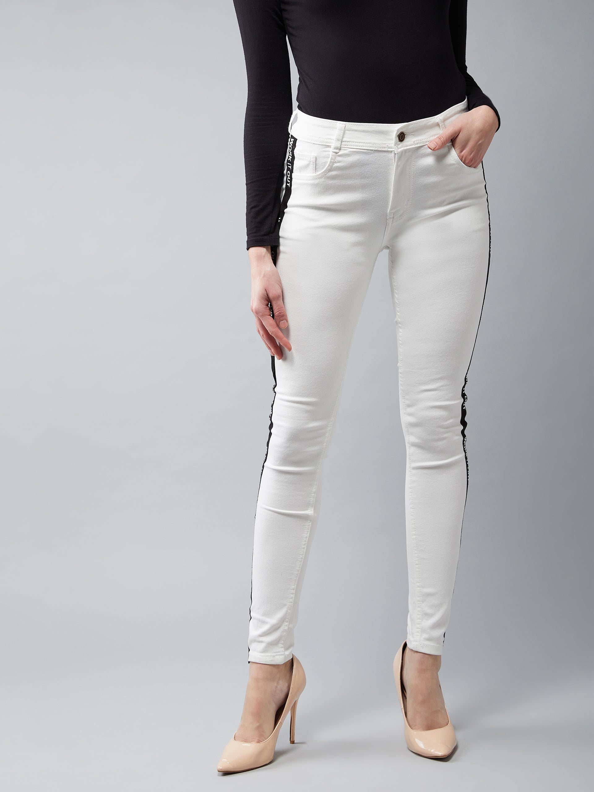 Women's White Skinny Mid Rise Clean Look Printed Twill Tape Detailing Bleached Regular Length Stretchable Denim Jeans