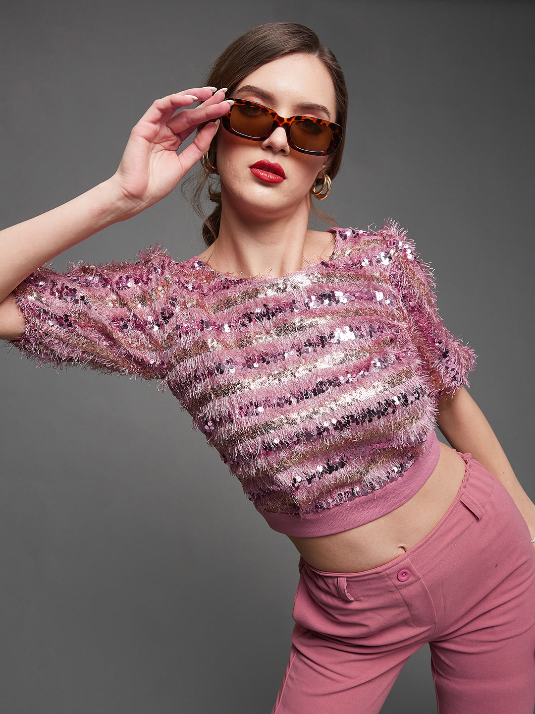 Women's Dusty Pink Round Neck Puff Sleeves Polyester Embellished Crop Top