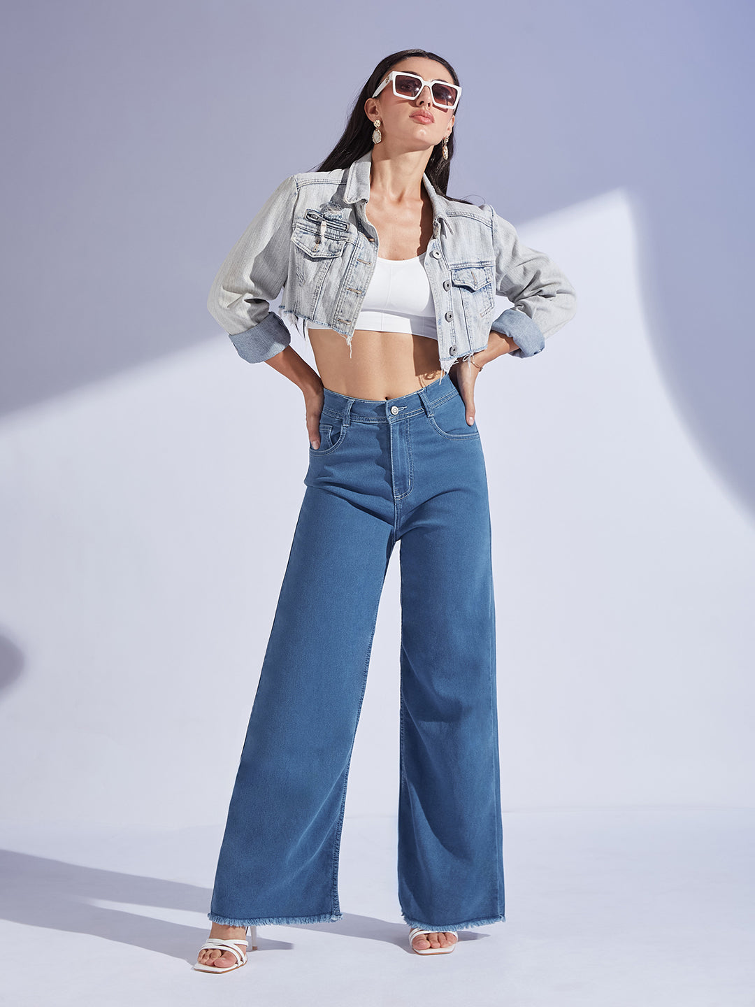 Women's Blue Wide-Leg High-Rise Stretchable Denim Jeans
