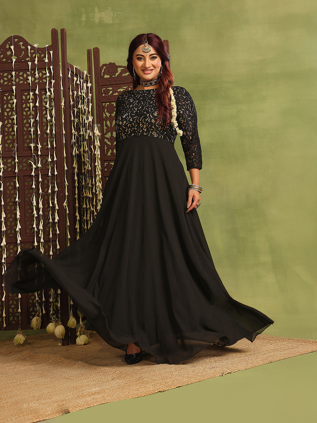 Women's Black Self-Design Boat Neck Three-Quarters Sleeves Side-Pocketed  Georgette Fit and Flare Maxi Length Dress