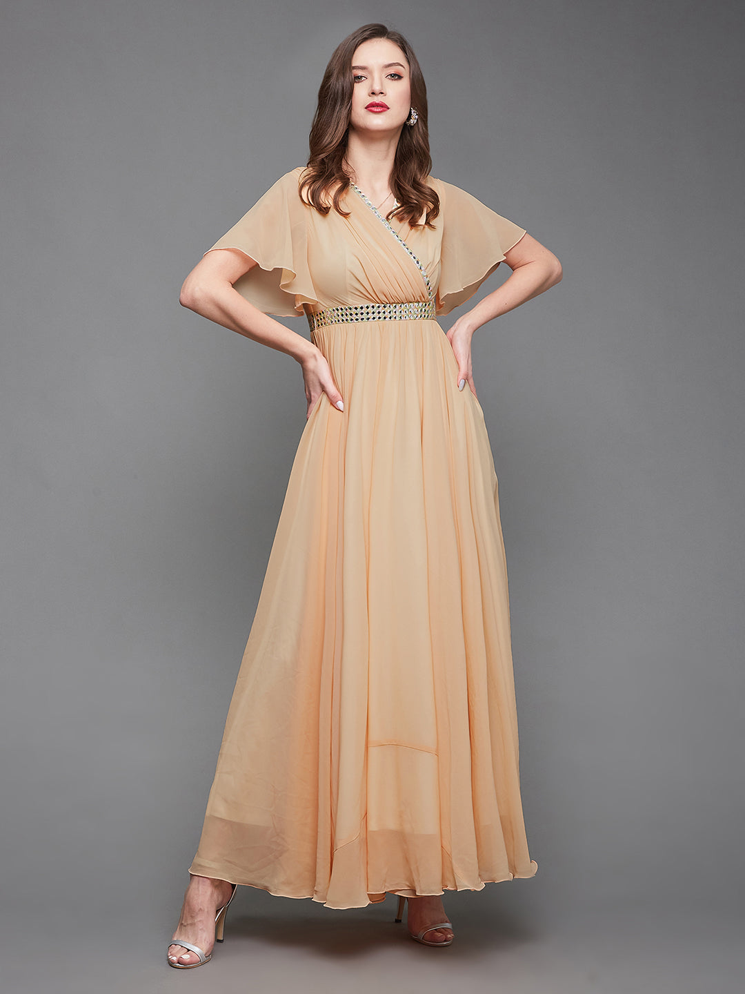 Women's Peach V-Neck Flared Georgette Solid Fit & Flare Maxi Dress
