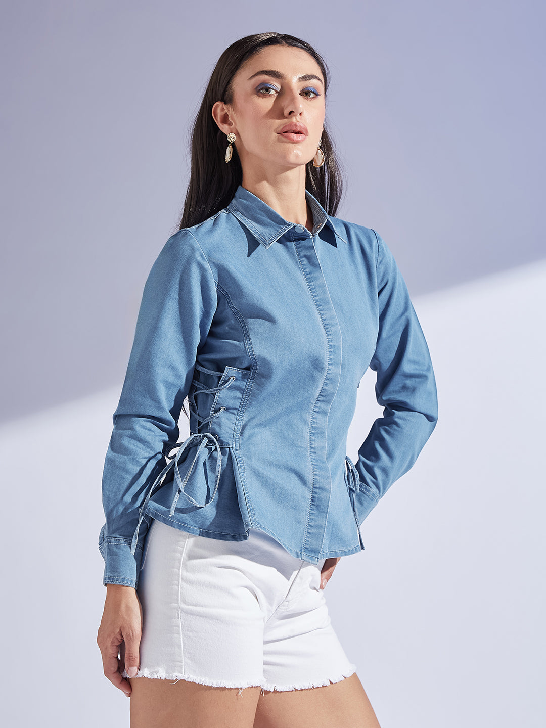 Women's Light Blue Shirt Collar Full-Sleeved Adjustable Tie Up Regular-Length Denim Shirt
