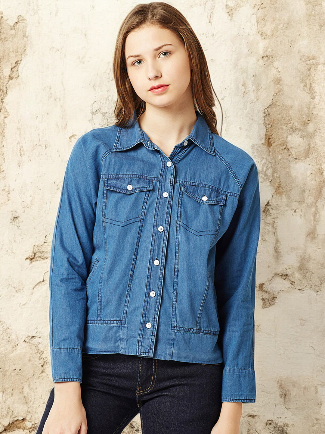 Women's Blue Collared Polo Neck Full Sleeve Solid Buttoned Denim Bomber Jacket